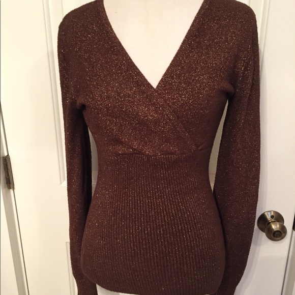 Cache Tops - CACHE TOP BROWN KNIT METALLIC STRETCH V-NECK M